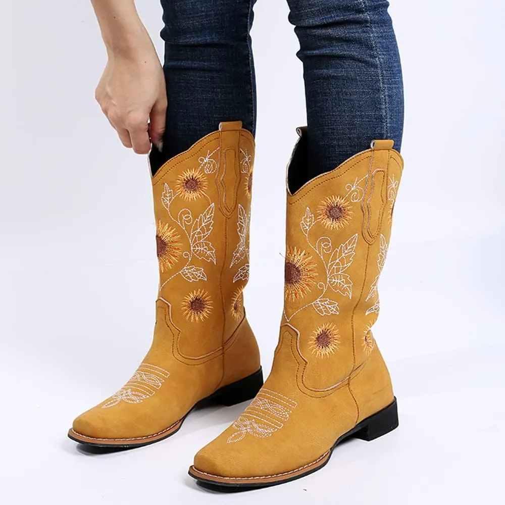 HINDOLA Cowboy Boots for Women Mid Calf Cowgirl Western Boots Sunflower Embroidery Stitched Square Toe Low Heel Wedding Boots