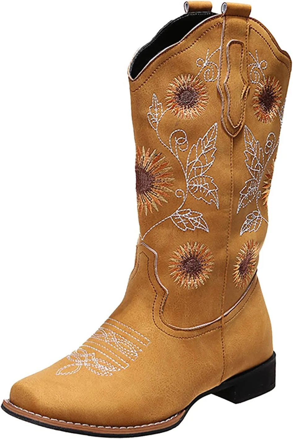 HINDOLA Cowboy Boots for Women Mid Calf Cowgirl Western Boots Sunflower Embroidery Stitched Square Toe Low Heel Wedding Boots