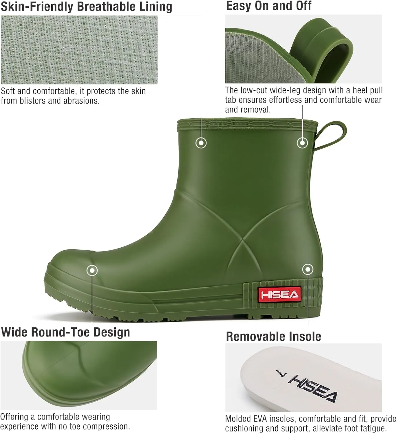 HISEA Women's Short Chelsea Boots Ankle Rubber Rain Boots for Garden Waterproof