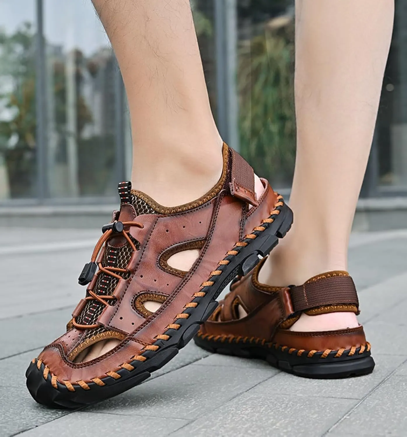 HNVAVQ Mens Leather Closed Toe Fisherman Shoes Outdoor Walking Sandals Casual Beach Summer Shoes
