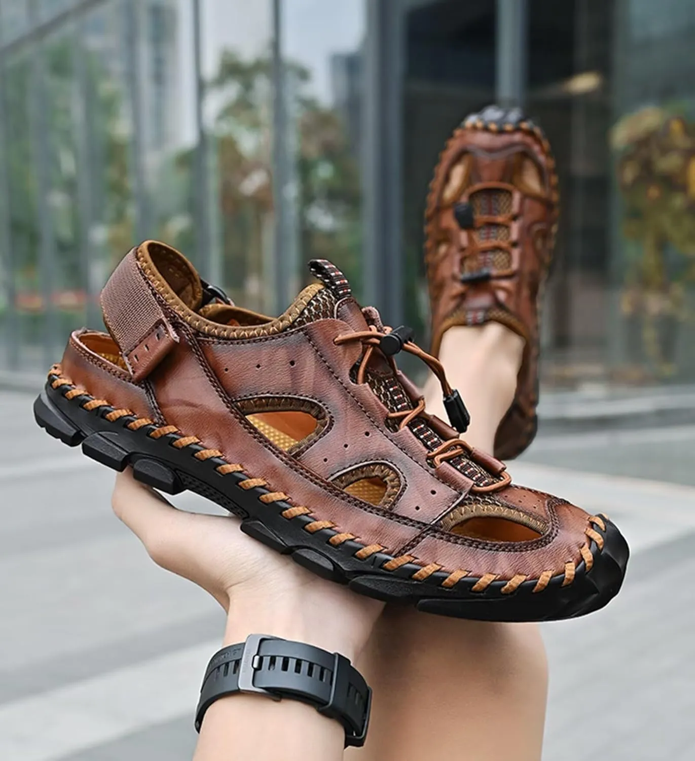 HNVAVQ Mens Leather Closed Toe Fisherman Shoes Outdoor Walking Sandals Casual Beach Summer Shoes