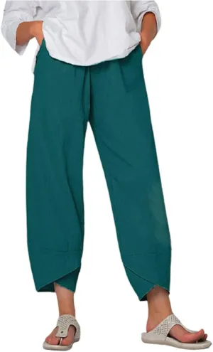 HOTYD Womens Cotton Linen Capri Pants Drawstring Elastic Waist Loose Fit Yoga Pants Baggy Cropped Trousers with Pockets