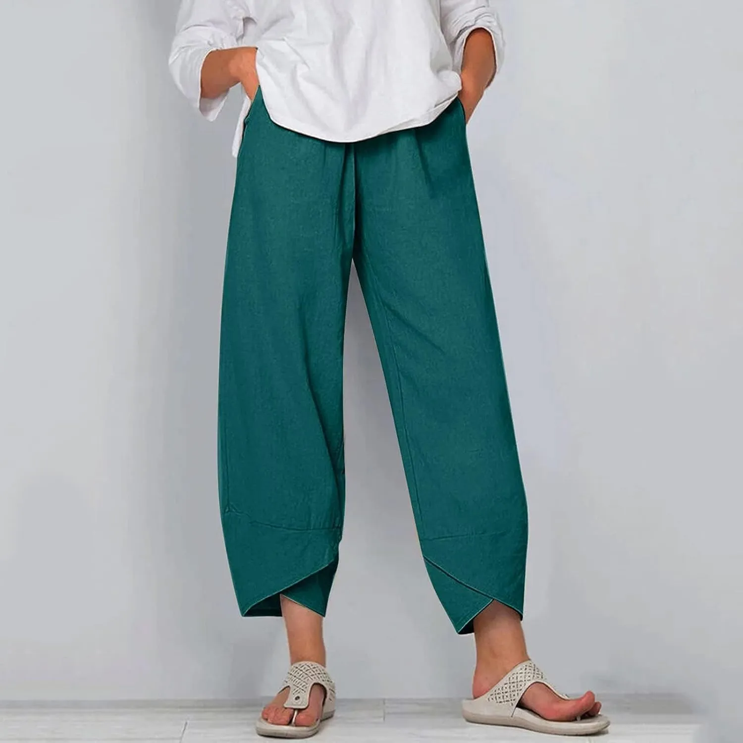 HOTYD Womens Cotton Linen Capri Pants Drawstring Elastic Waist Loose Fit Yoga Pants Baggy Cropped Trousers with Pockets