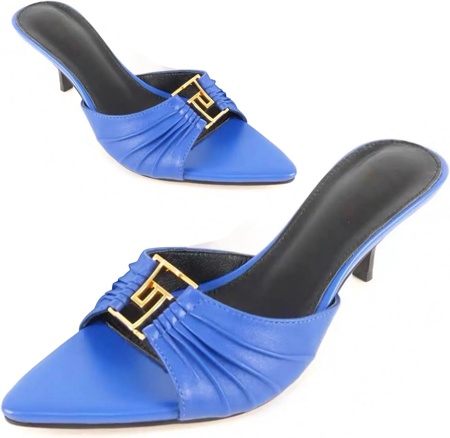 Huntarry Womens Kitten Heels Mules with Pointed Peep Toe Slip On Heeled Sandals Faux Leather Comfort Shoes