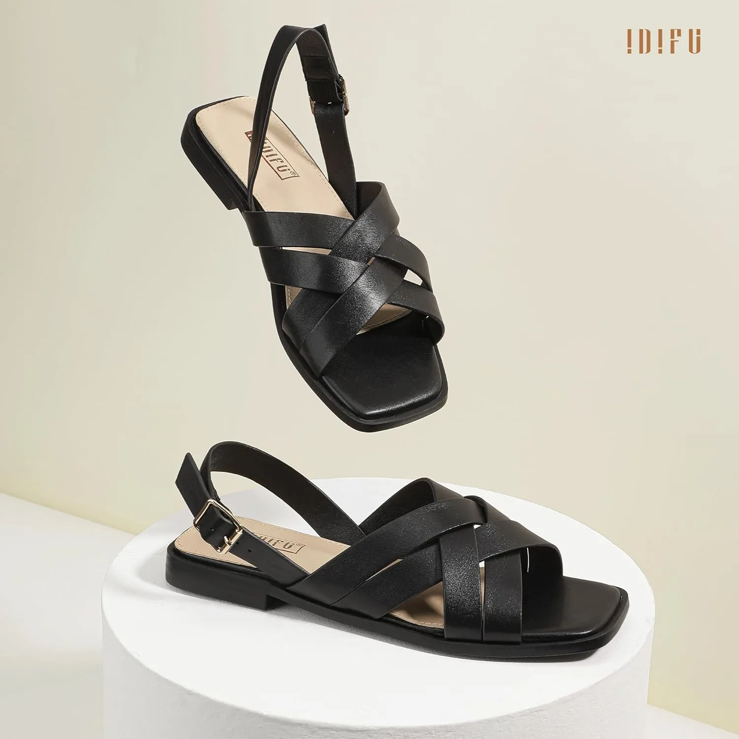 IDIFU Strappy Flat Sandals for Women Square Open Toe Summer Beach Dressy Dress Ladies Comfortable Cute Comfy Trendy Casual Buckle Slingback Sandals with Back Strap