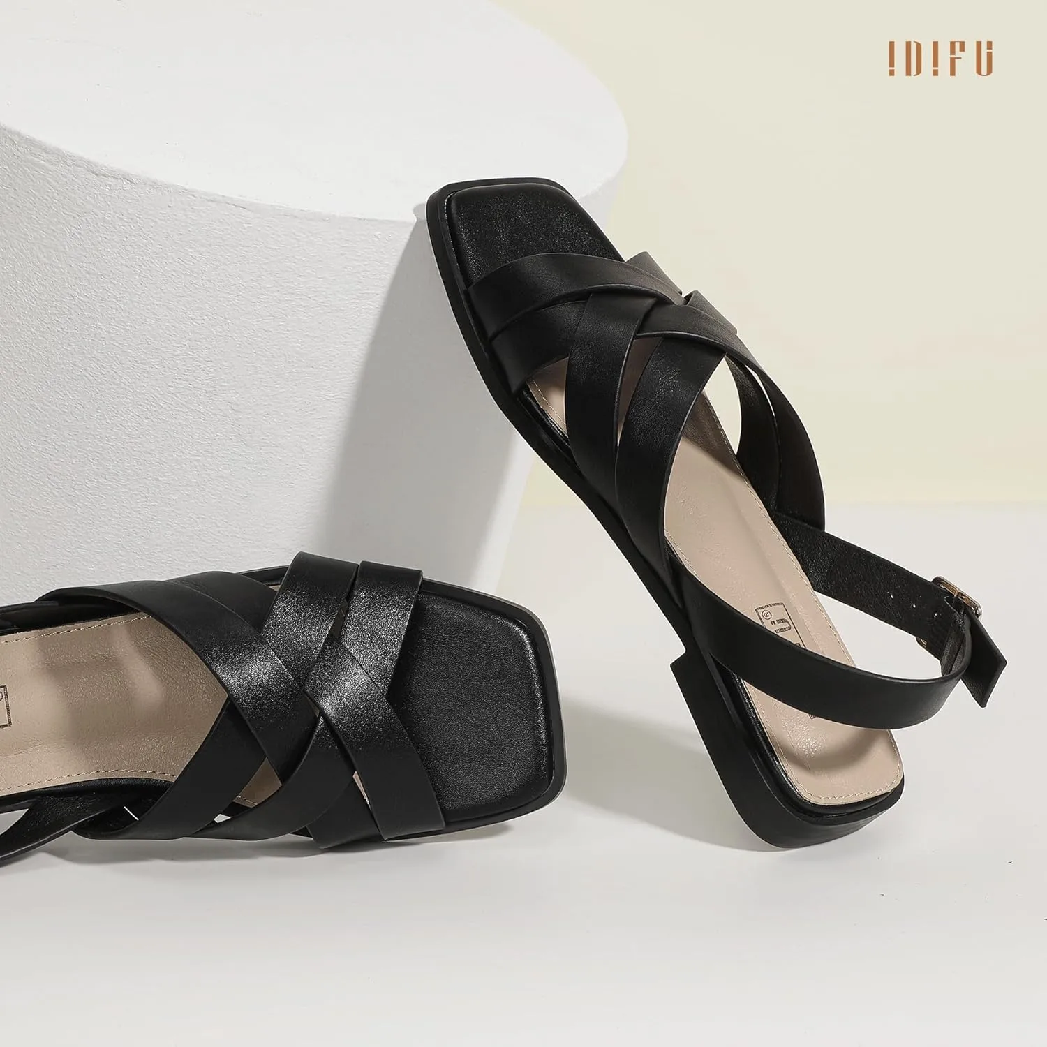 IDIFU Strappy Flat Sandals for Women Square Open Toe Summer Beach Dressy Dress Ladies Comfortable Cute Comfy Trendy Casual Buckle Slingback Sandals with Back Strap