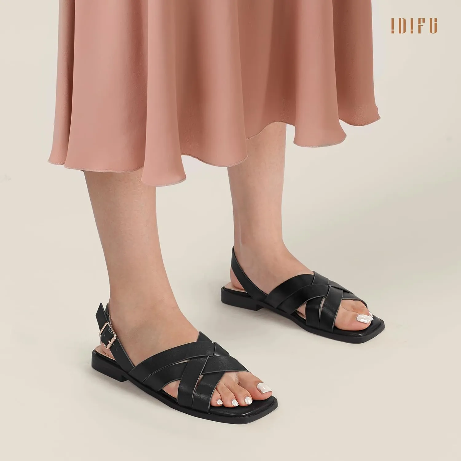 IDIFU Strappy Flat Sandals for Women Square Open Toe Summer Beach Dressy Dress Ladies Comfortable Cute Comfy Trendy Casual Buckle Slingback Sandals with Back Strap