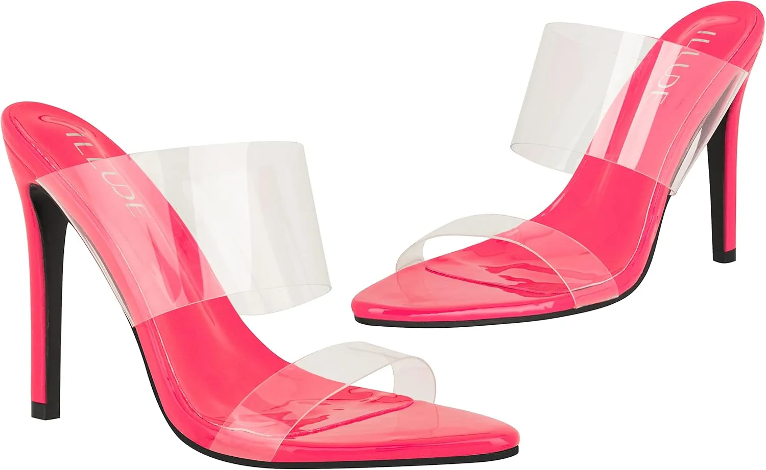 ILLUDE Women’s Clear Pointed Toe Sandals Stiletto Heels Transparent Strap High Heels Slip on Mules