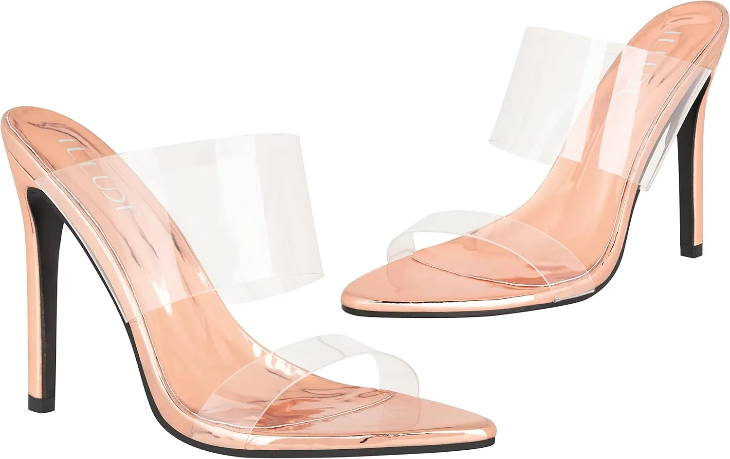 ILLUDE Women’s Clear Pointed Toe Sandals Stiletto Heels Transparent Strap High Heels Slip on Mules