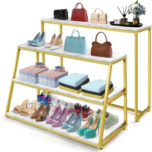 Industrial Nesting Display Stand 2 Piece Set, Heavy Duty Display Rise，Metal & Wood Retail Shelving forShoes/Handbags/Boutique/Home/Store, Gold