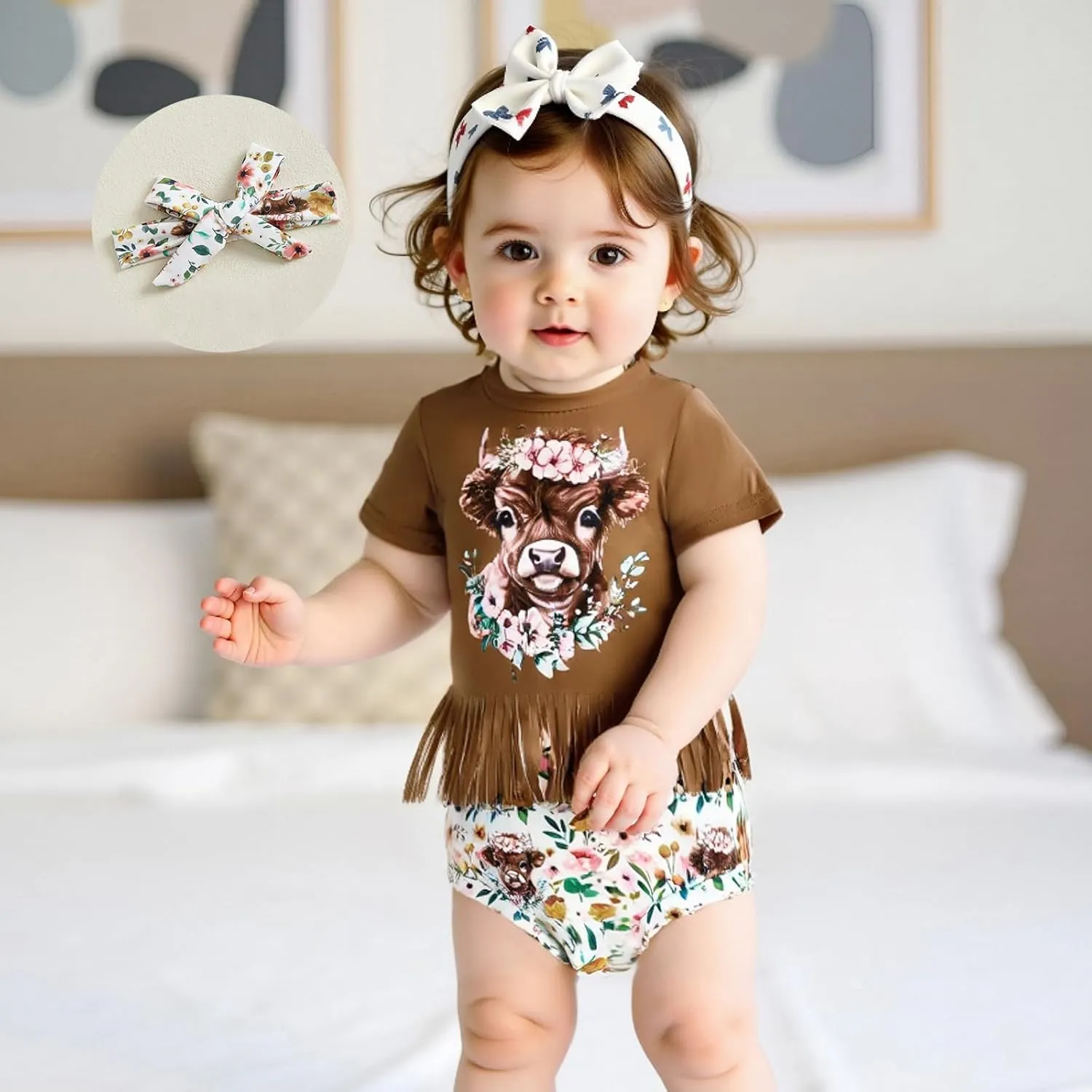 Infant Baby Girl Summer Outfit Letter Short Sleeve T-Shirt Western Boots/Car Shorts Headband 3Pcs Set Cowgirl Outfit