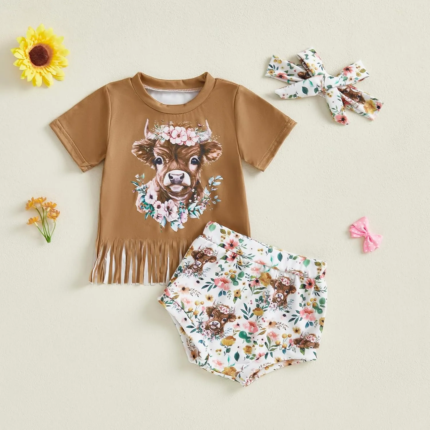 Infant Baby Girl Summer Outfit Letter Short Sleeve T-Shirt Western Boots/Car Shorts Headband 3Pcs Set Cowgirl Outfit