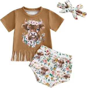 Infant Baby Girl Summer Outfit Letter Short Sleeve T-Shirt Western Boots/Car Shorts Headband 3Pcs Set Cowgirl Outfit