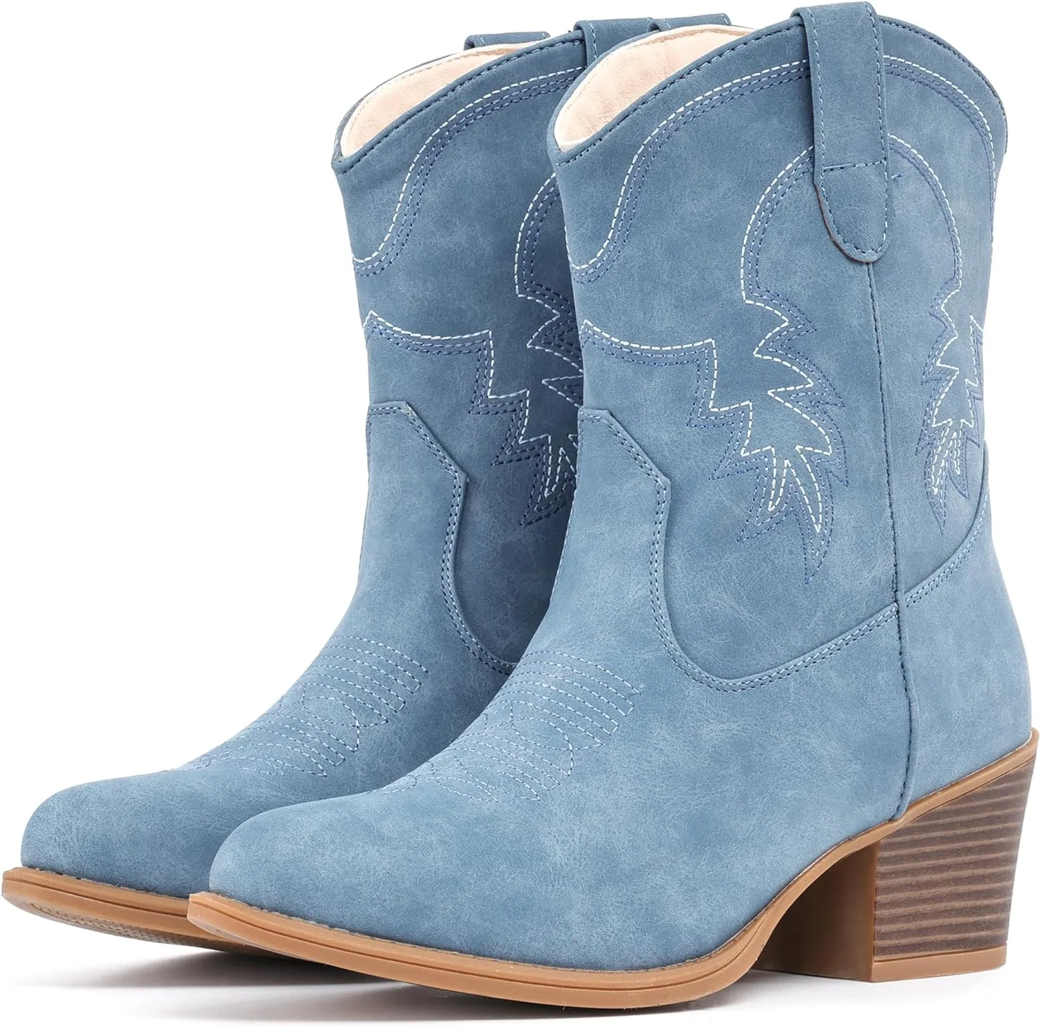 IXU Cowboy Boots for Women Ankle Cowgirl Booties Wide Mid Calf Pointed Toe Western Boots Short Chunky Classic Booties