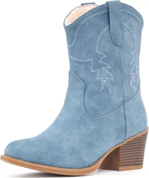 IXU Cowboy Boots for Women Ankle Cowgirl Booties Wide Mid Calf Pointed Toe Western Boots Short Chunky Classic Booties