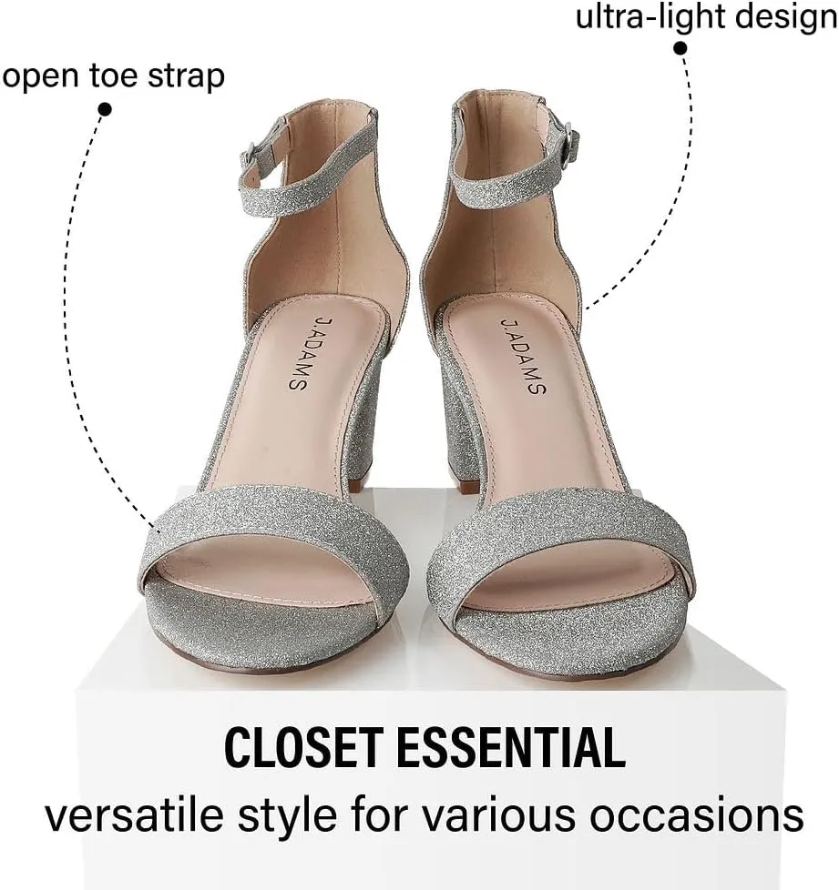J. Adams Daisy Heeled Sandals - Ankle Strap Low Block, Open Toe Dress Pumps, Chunky Heels - Dressy Shoes for Women - Bridal, Wedding, Summer Sandals