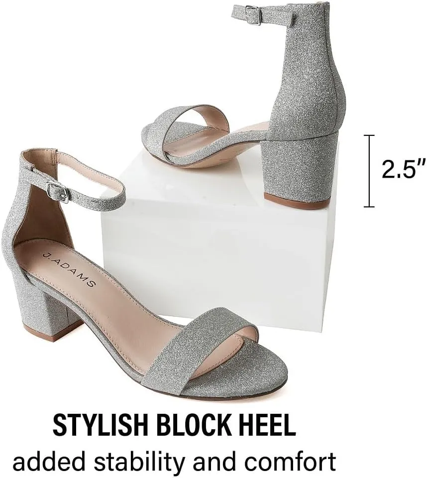 J. Adams Daisy Heeled Sandals - Ankle Strap Low Block, Open Toe Dress Pumps, Chunky Heels - Dressy Shoes for Women - Bridal, Wedding, Summer Sandals