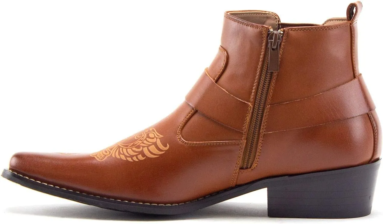 Jazame Cowboy Boots for Men Western Style Ankle High Motorcycle Riding Pointy Toe Moto Dress Boots men's western boots Buckle Design Botas