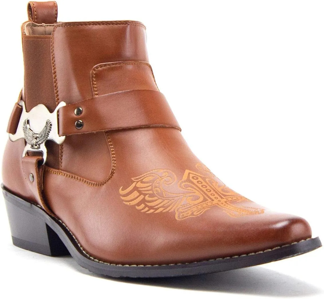 Jazame Cowboy Boots for Men Western Style Ankle High Motorcycle Riding Pointy Toe Moto Dress Boots men's western boots Buckle Design Botas