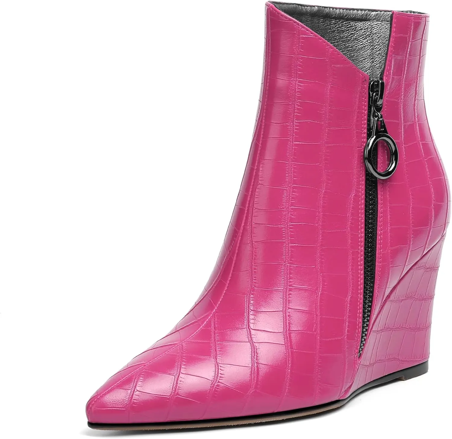 Joseywade Ankle Boots Wedge Heels for Women Pointed Toe Wedge Booties Zipper Closure with Fur 3.5 Inches Short Boots