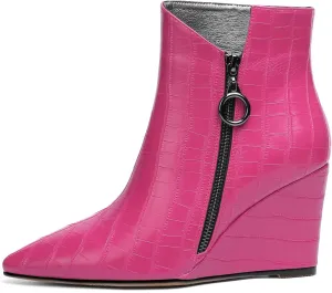 Joseywade Ankle Boots Wedge Heels for Women Pointed Toe Wedge Booties Zipper Closure with Fur 3.5 Inches Short Boots