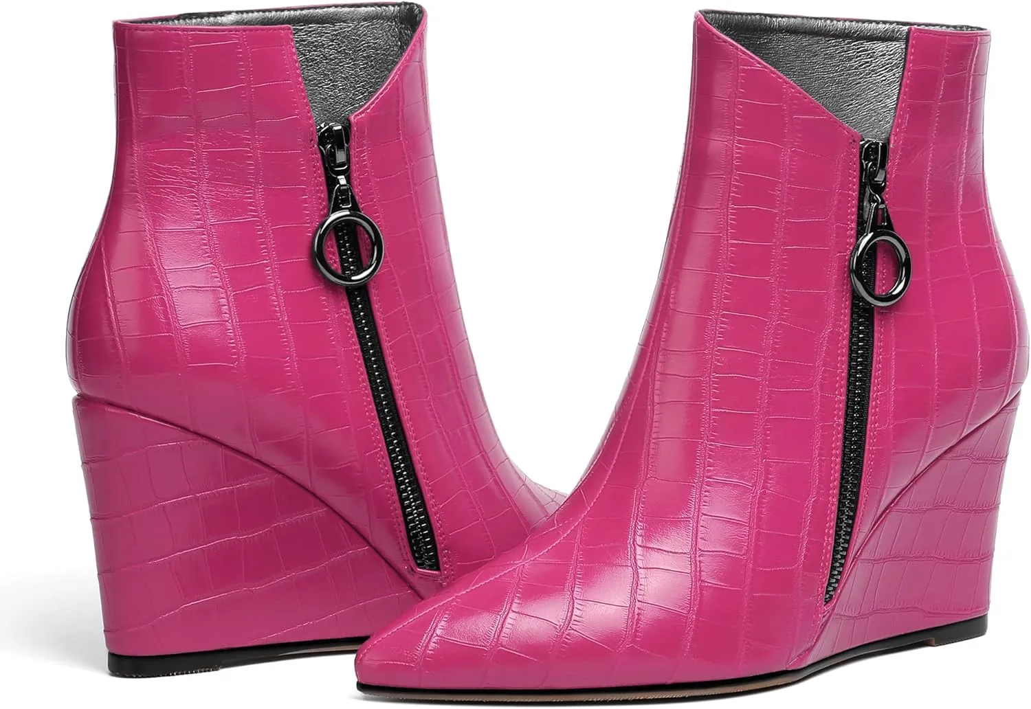 Joseywade Ankle Boots Wedge Heels for Women Pointed Toe Wedge Booties Zipper Closure with Fur 3.5 Inches Short Boots