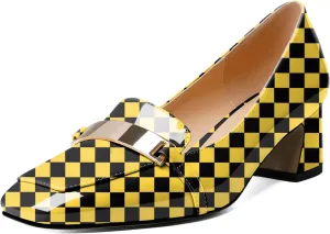 Joseywade Low Heels for Women Block Chunky Heels Slip On 2 Inch Toe Pumps Loafers Square Toe Metal Bar Shoes