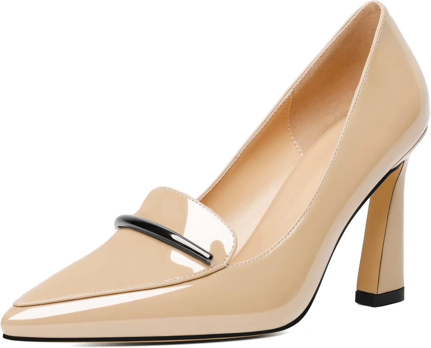 Joseywade Womens High Stilettos Heels Pointed Toe Pumps Slip-on Closed Toe Loafers 3.5 Inch Spool Heel Dress Shoes