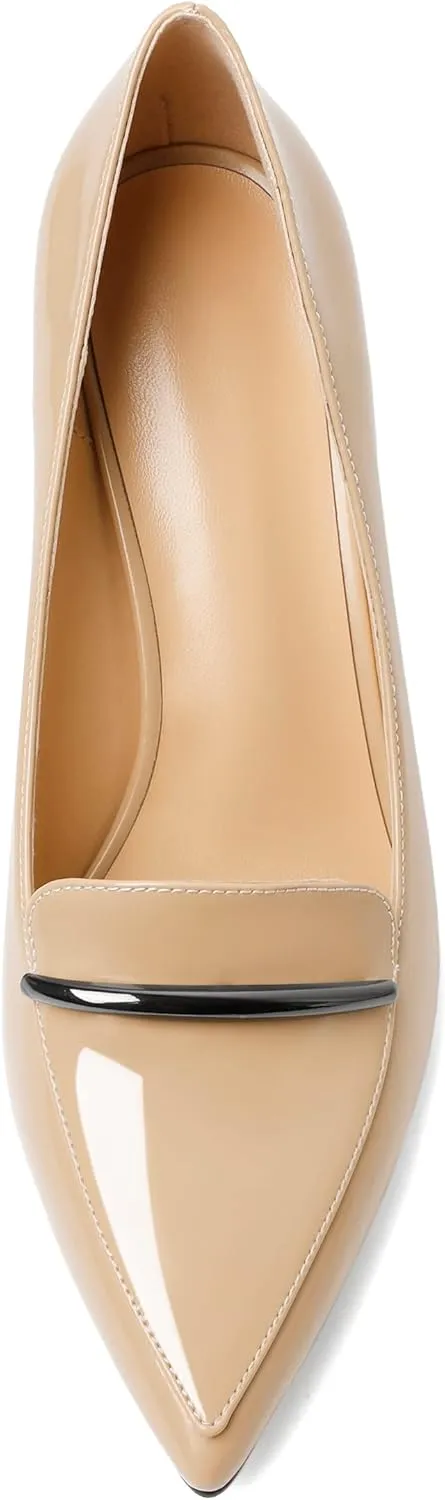 Joseywade Womens High Stilettos Heels Pointed Toe Pumps Slip-on Closed Toe Loafers 3.5 Inch Spool Heel Dress Shoes