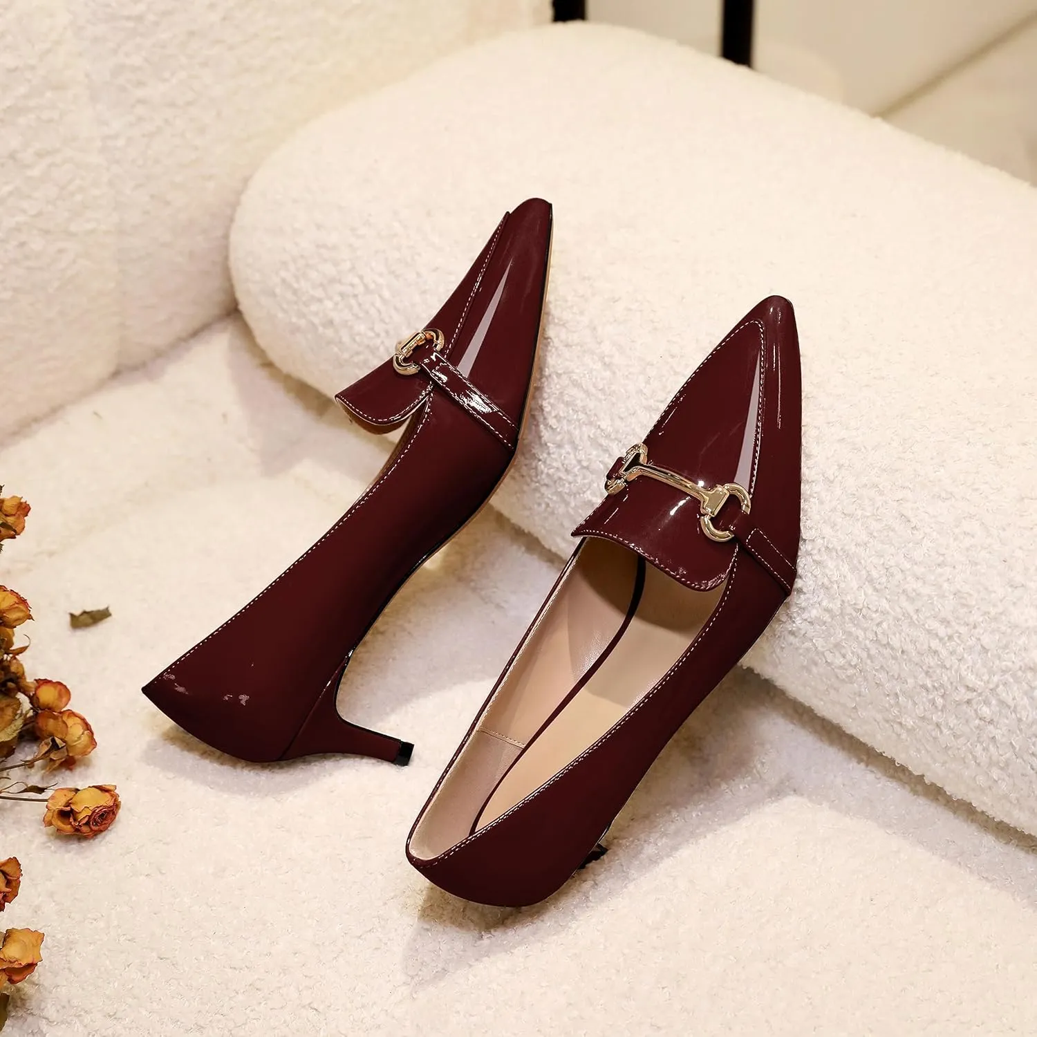 Joseywade Women's Low Heel Pumps 2" Closed Pointed Toe Kitten Heels Slip On Buckle Loafers Business Dressy Shoes