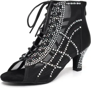 JUODVMP Women's Ballroom Dance Boots Mesh Latin Salsa Shoes,Satin with Rhinestones Heels,L434