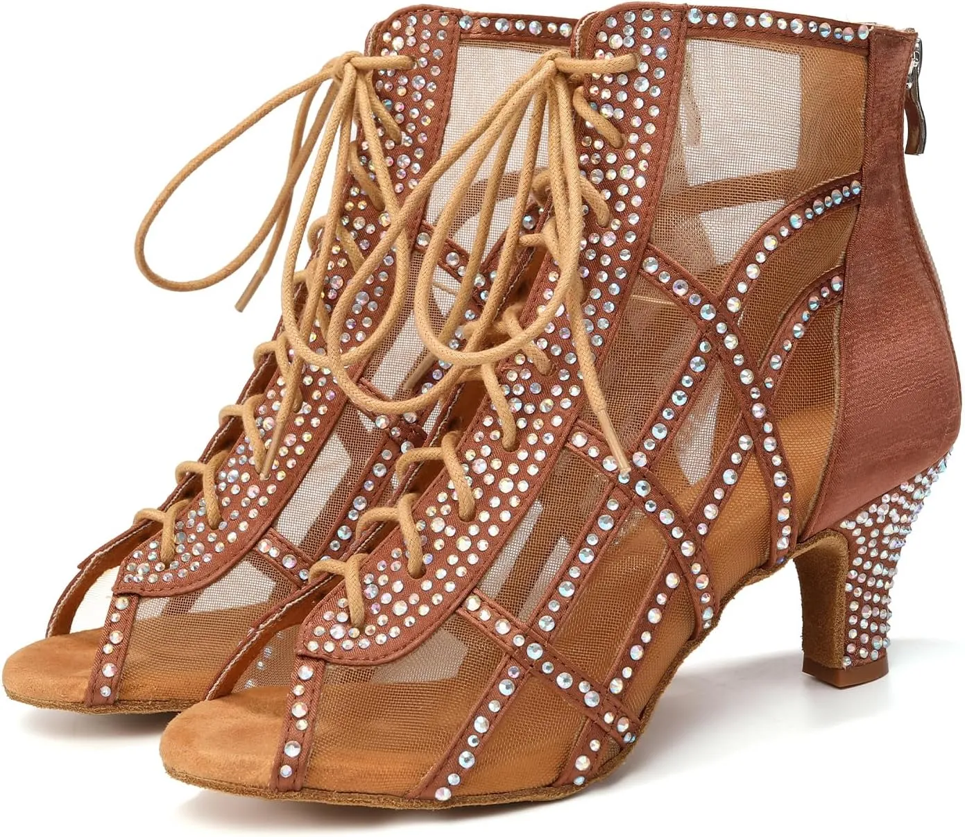 JUODVMP Women's Ballroom Dance Boots Mesh Latin Salsa Shoes,Satin with Rhinestones Heels,L434