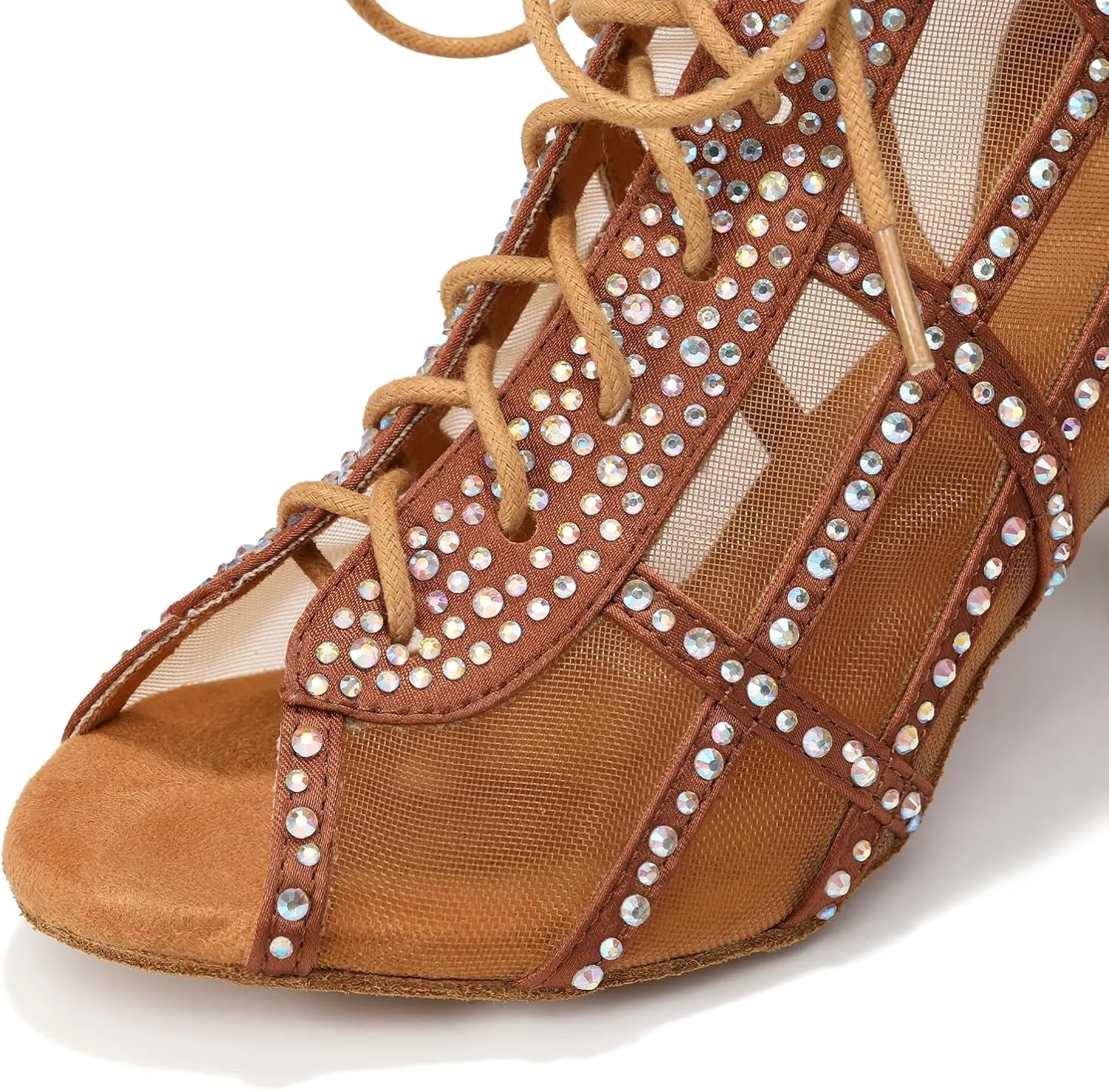 JUODVMP Women's Ballroom Dance Boots Mesh Latin Salsa Shoes,Satin with Rhinestones Heels,L434