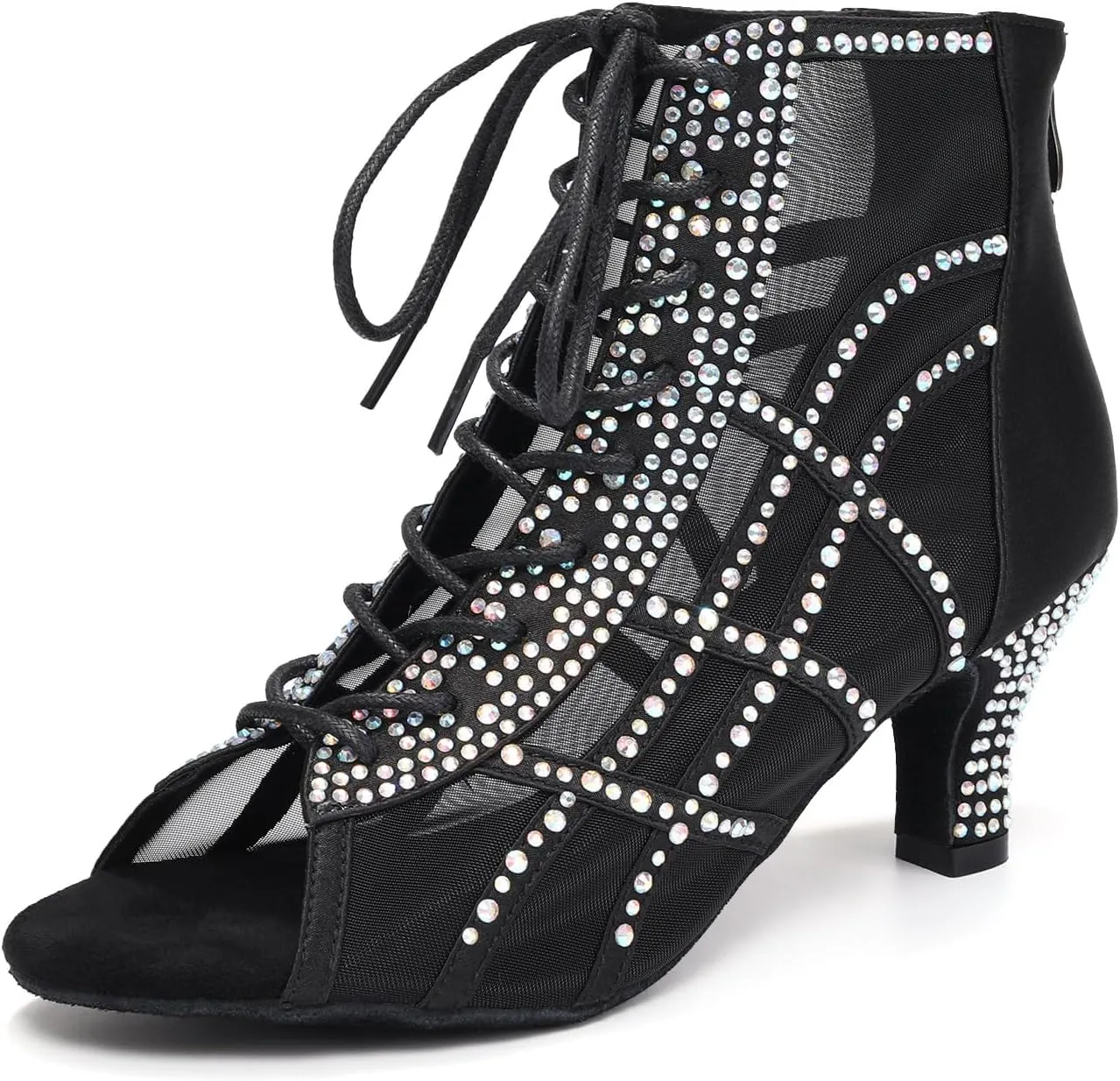 JUODVMP Women's Ballroom Dance Boots Mesh Latin Salsa Shoes,Satin with Rhinestones Heels,L434