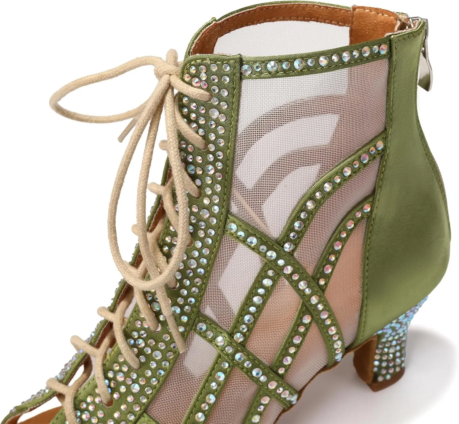 JUODVMP Women's Ballroom Dance Boots Mesh Latin Salsa Shoes,Satin with Rhinestones Heels,L434