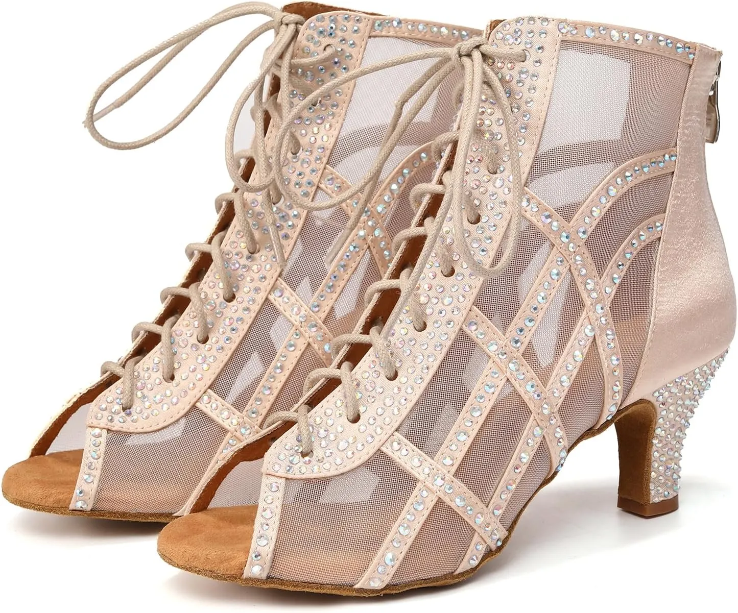 JUODVMP Women's Ballroom Dance Boots Mesh Latin Salsa Shoes,Satin with Rhinestones Heels,L434