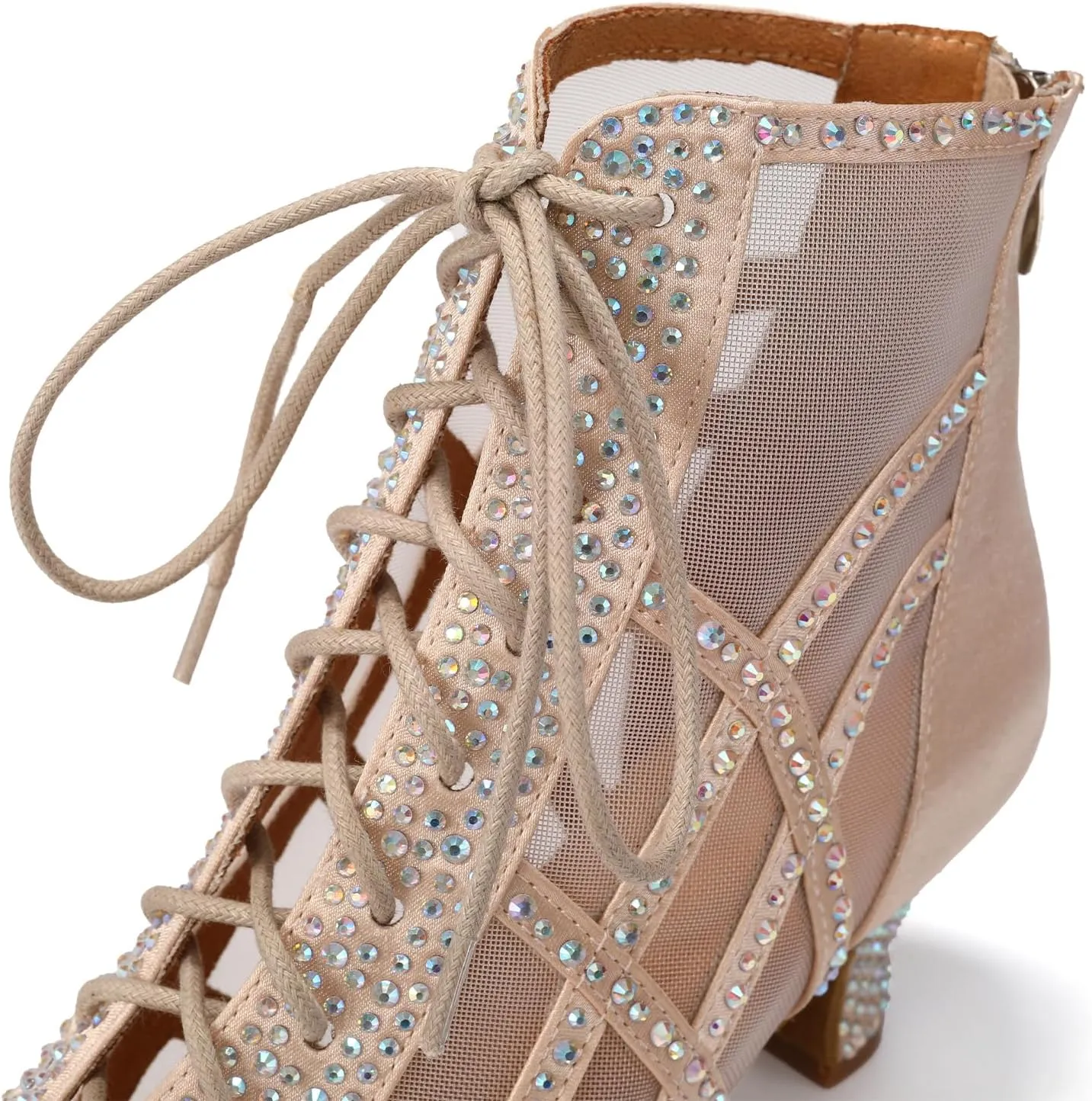 JUODVMP Women's Ballroom Dance Boots Mesh Latin Salsa Shoes,Satin with Rhinestones Heels,L434