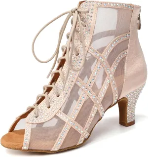 JUODVMP Women's Ballroom Dance Boots Mesh Latin Salsa Shoes,Satin with Rhinestones Heels,L434