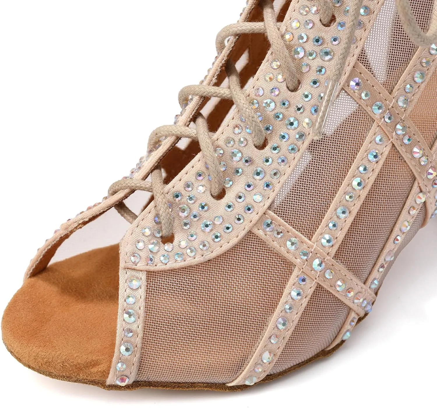 JUODVMP Women's Ballroom Dance Boots Mesh Latin Salsa Shoes,Satin with Rhinestones Heels,L434