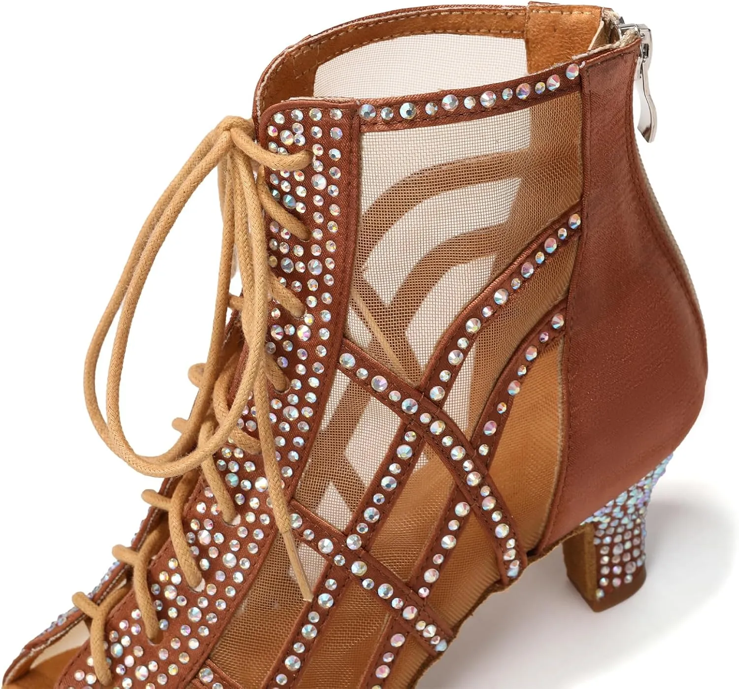 JUODVMP Women's Ballroom Dance Boots Mesh Latin Salsa Shoes,Satin with Rhinestones Heels,L434