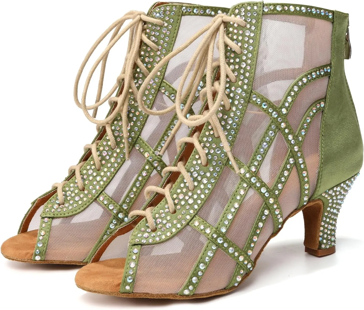 JUODVMP Women's Ballroom Dance Boots Mesh Latin Salsa Shoes,Satin with Rhinestones Heels,L434