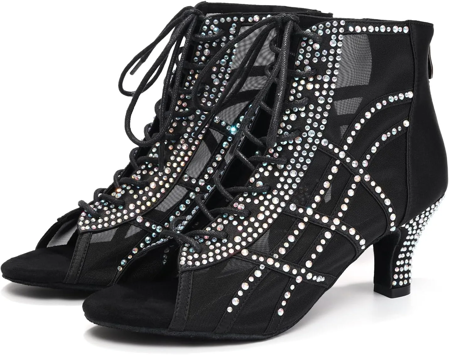 JUODVMP Women's Ballroom Dance Boots Mesh Latin Salsa Shoes,Satin with Rhinestones Heels,L434