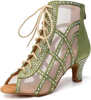 JUODVMP Women's Ballroom Dance Boots Mesh Latin Salsa Shoes,Satin with Rhinestones Heels,L434