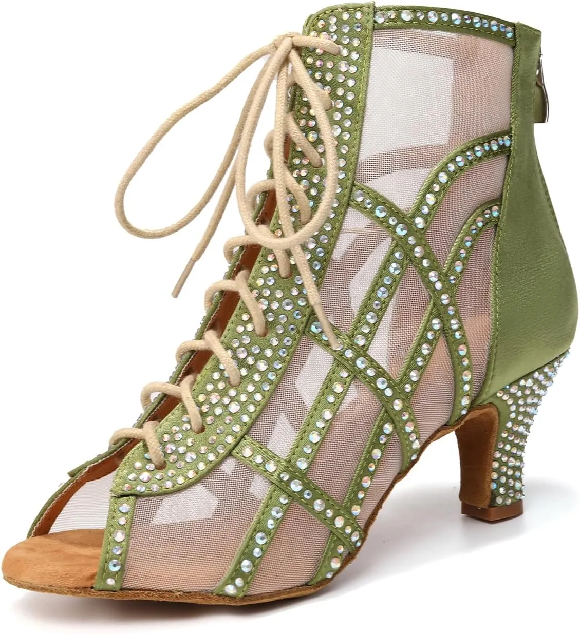 JUODVMP Women's Ballroom Dance Boots Mesh Latin Salsa Shoes,Satin with Rhinestones Heels,L434