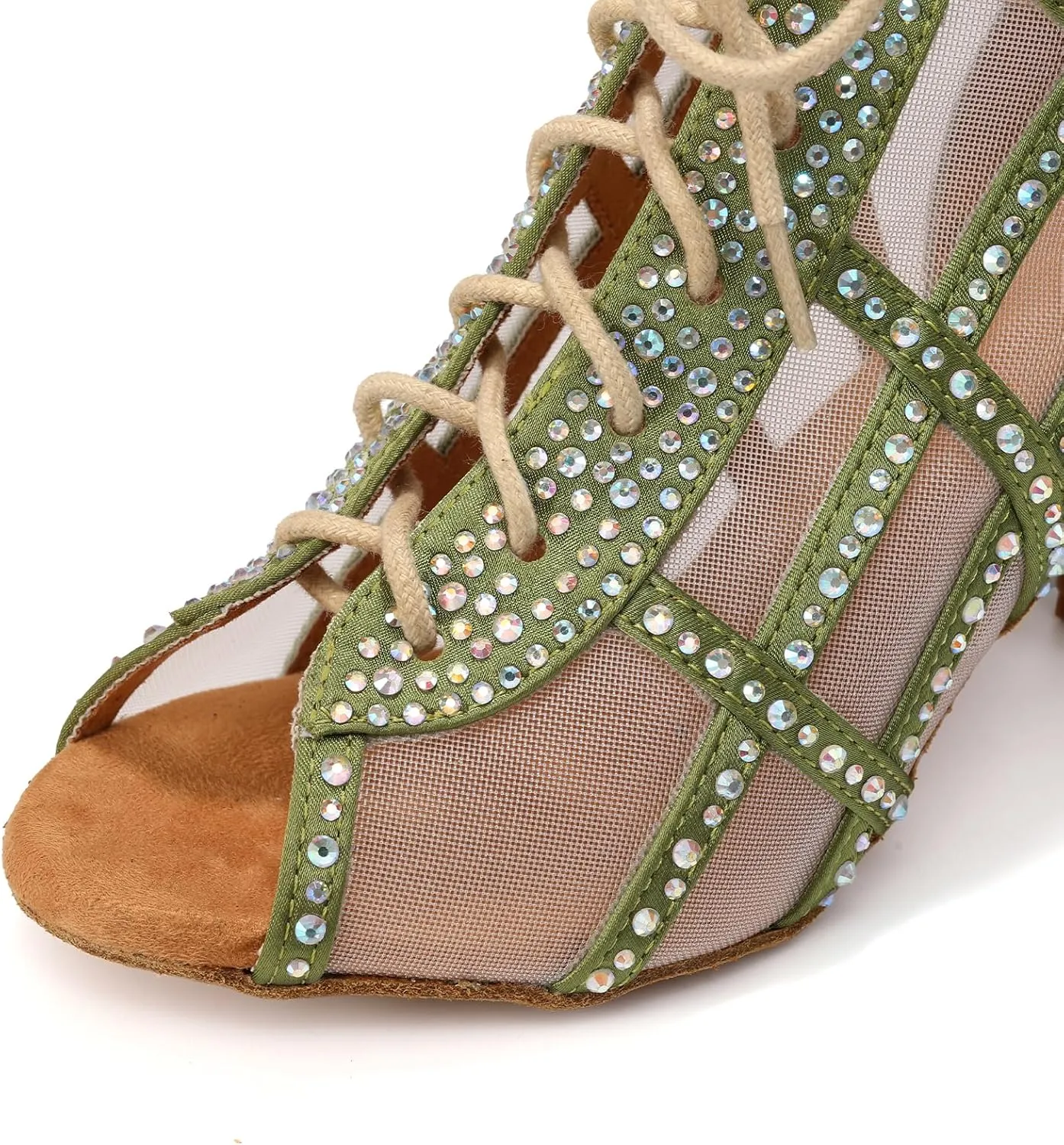 JUODVMP Women's Ballroom Dance Boots Mesh Latin Salsa Shoes,Satin with Rhinestones Heels,L434