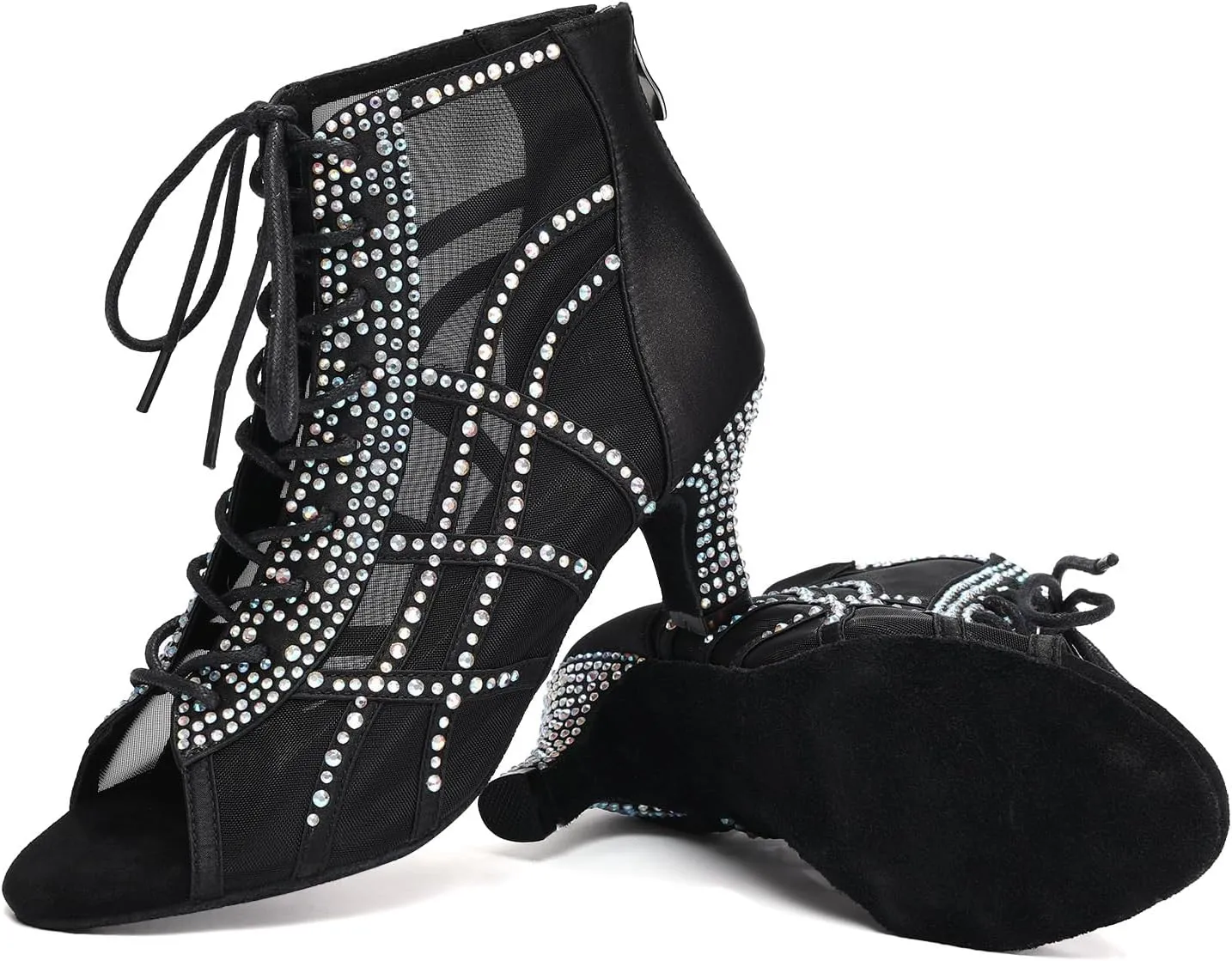 JUODVMP Women's Ballroom Dance Boots Mesh Latin Salsa Shoes,Satin with Rhinestones Heels,L434