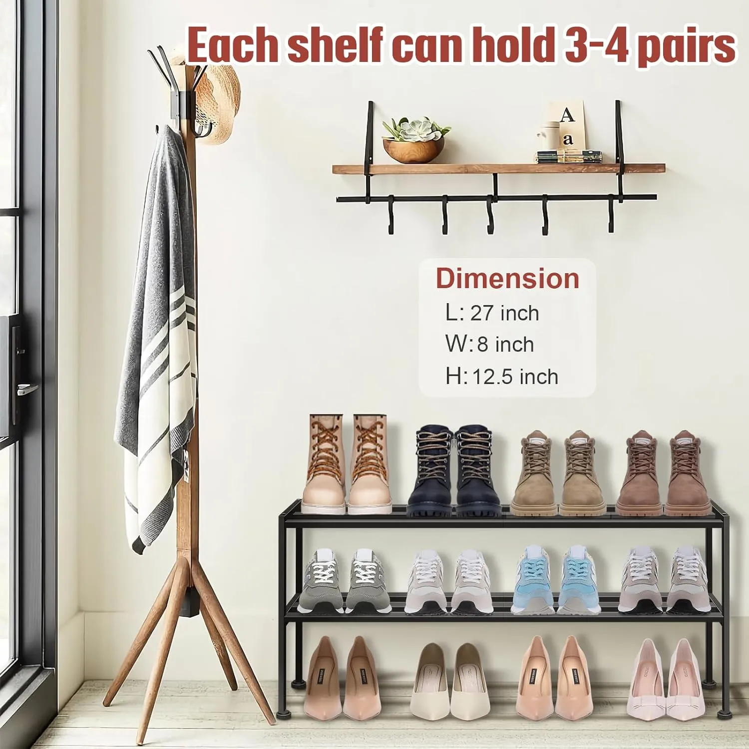 KEETDY Heavy Duty Shoe Rack for Closet Entryway, Stackable Shoe Organizer for Small Space Metal Shoe Rack Shelf Storage for Bedroom, Floor, Outdoor (Black)