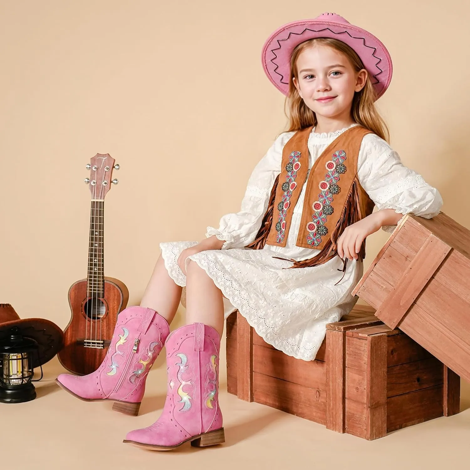 Kids Cowgirl Boots for Girls Western Square Toe Girls Sparkle Boots Zipper Mid Calf Low Heel Horse Riding for Toddler Little Big Kids