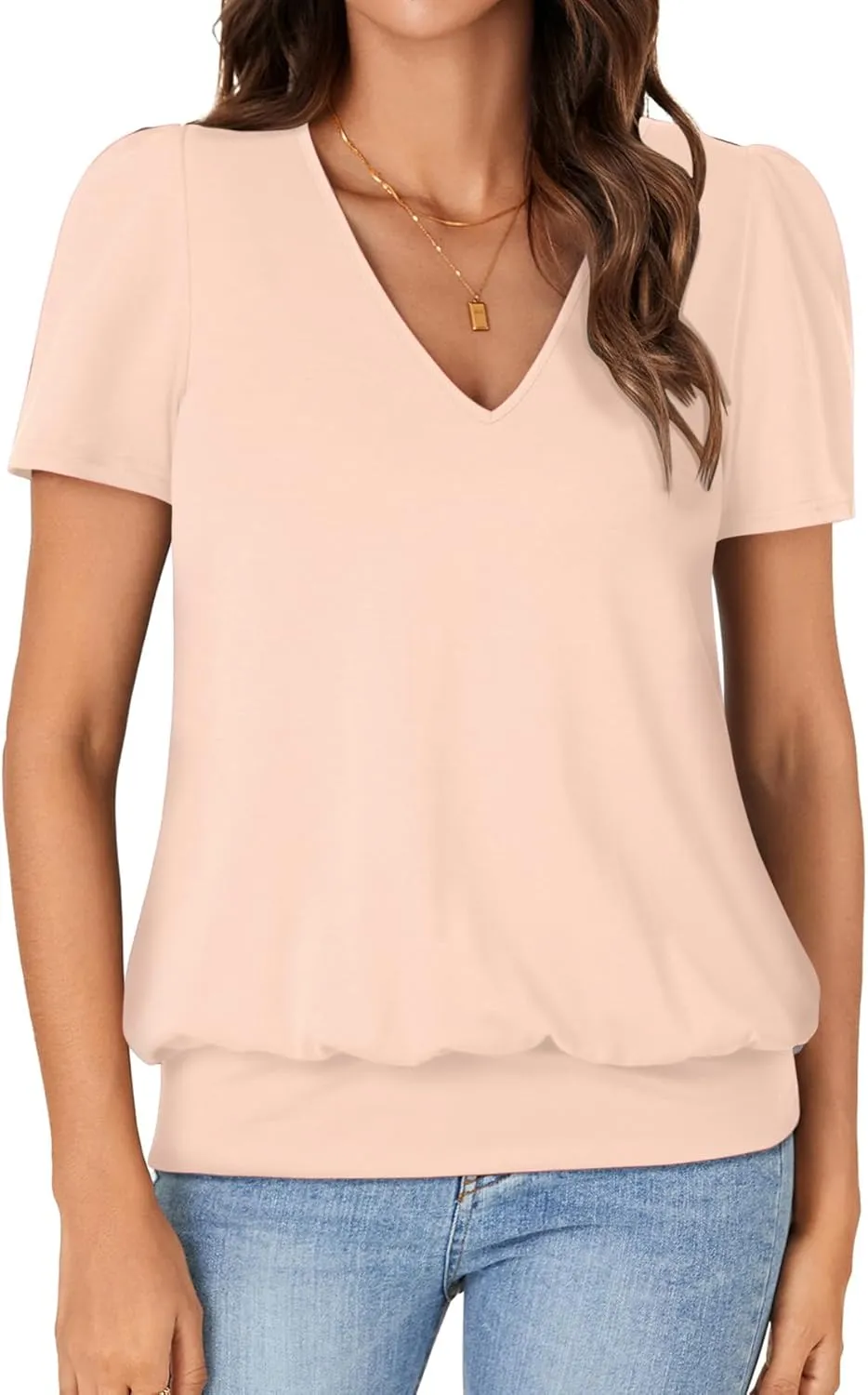KIFOVEN Women’s Casual Short Sleeve V Neck T Shirt Summer Banded Bottom Loose Fit Tunic Tee Shirt Top
