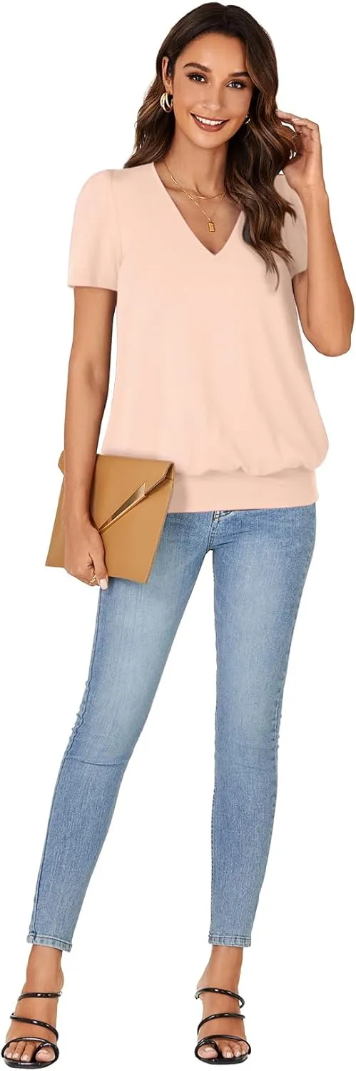 KIFOVEN Women’s Casual Short Sleeve V Neck T Shirt Summer Banded Bottom Loose Fit Tunic Tee Shirt Top